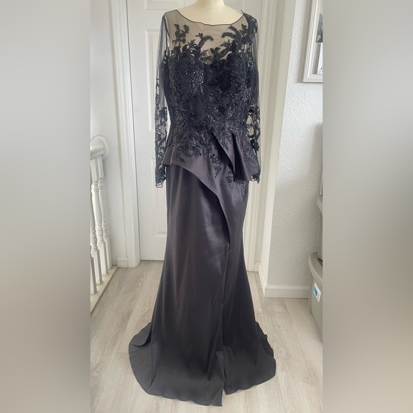 Terani Couture Embroidered Long Sleeve Front Slit Ruffled Mermaid Gown.
